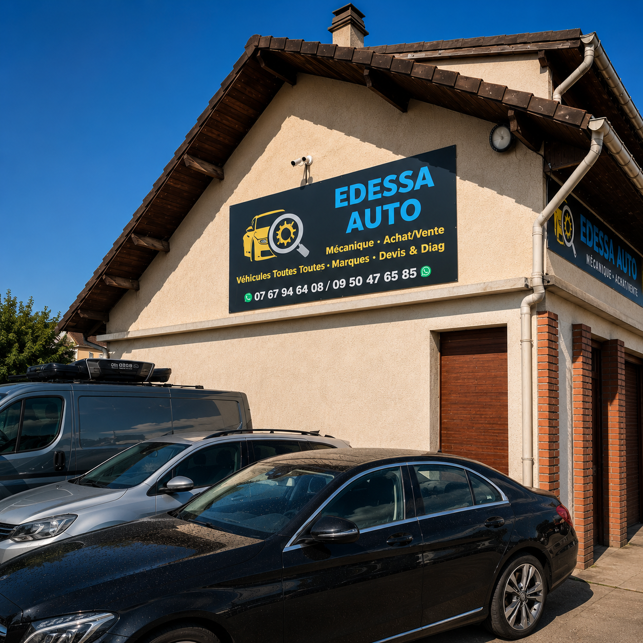 Façade du garage Edessa Auto à Tremblay-en-France avec l'enseigne visible